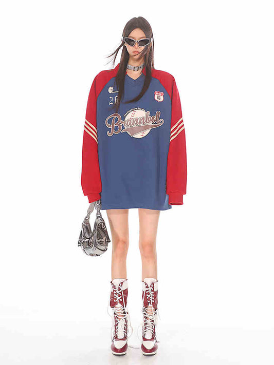 Amerikansk Sport Stil Baseball Vintage Print College V-hals Sweatshirt Dame