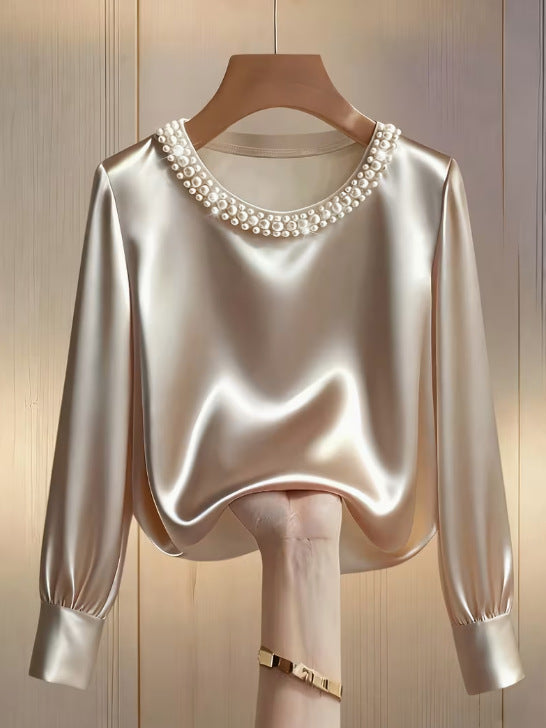 Simple Solid-Color Fashionable Beaded Crew-Neck Long-Sleeve Womens T-Shirt