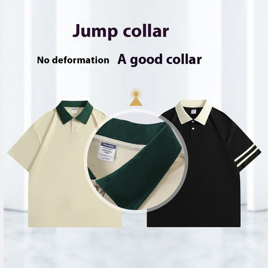 Retro Color Stitching Turnover Neck Short-sleeved T-shirt