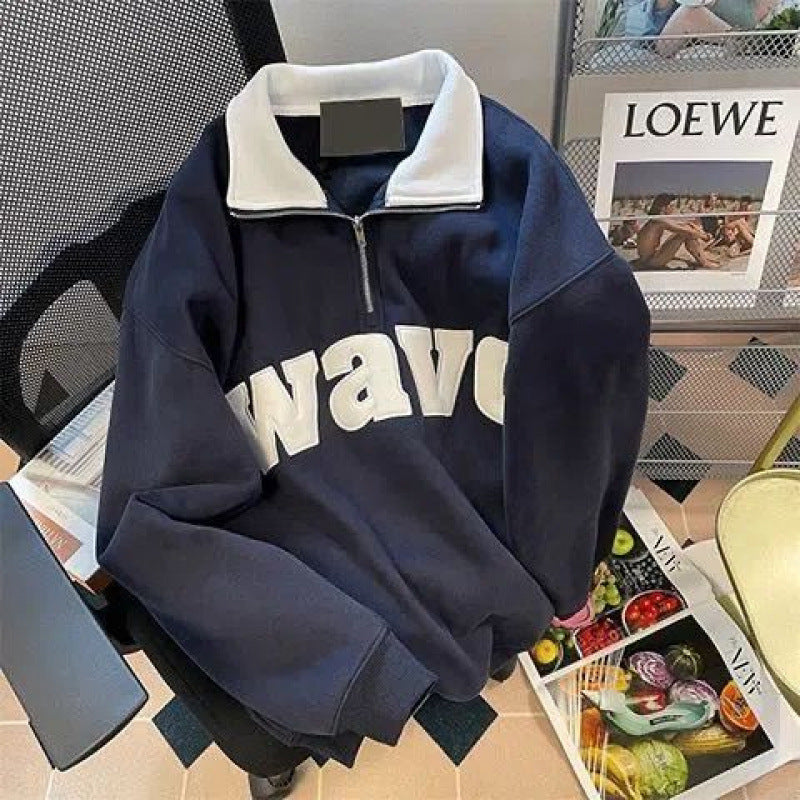 Amerikansk Retro Revers Halv Lynlås Sweater