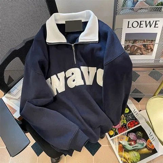 American Campus Retro Lapels Half Zipper Sweater