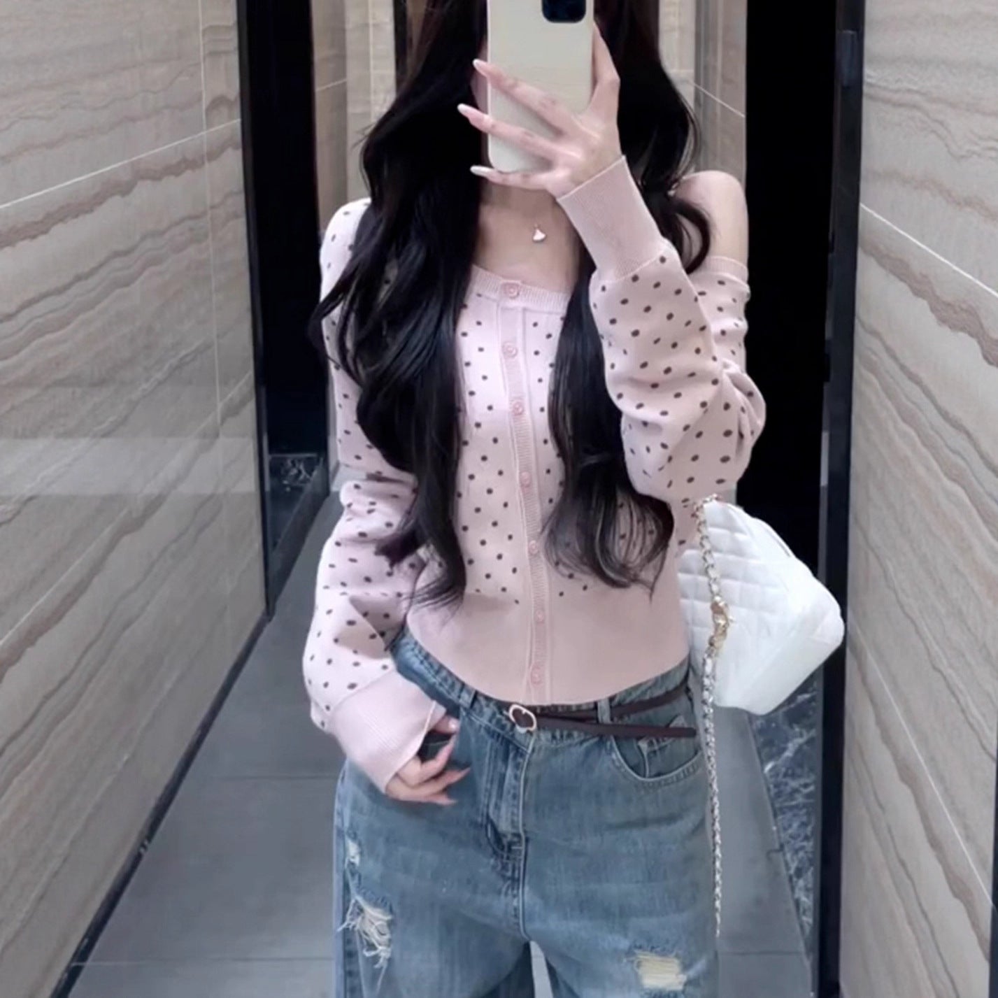Polka Dot Long Sleeve Diagonal Cardigan Sweater Women's Casual Coat