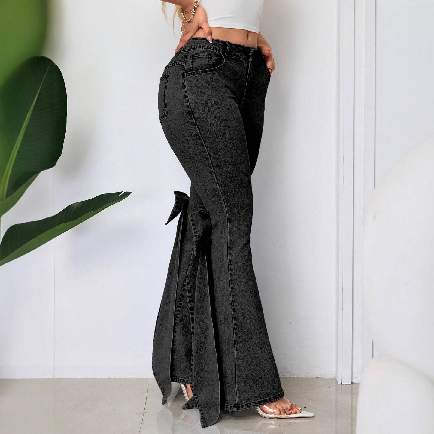 European And American Retro Three-dimensional Bow Slim-fit Mid-stretch Mop Horn Denim Trousers