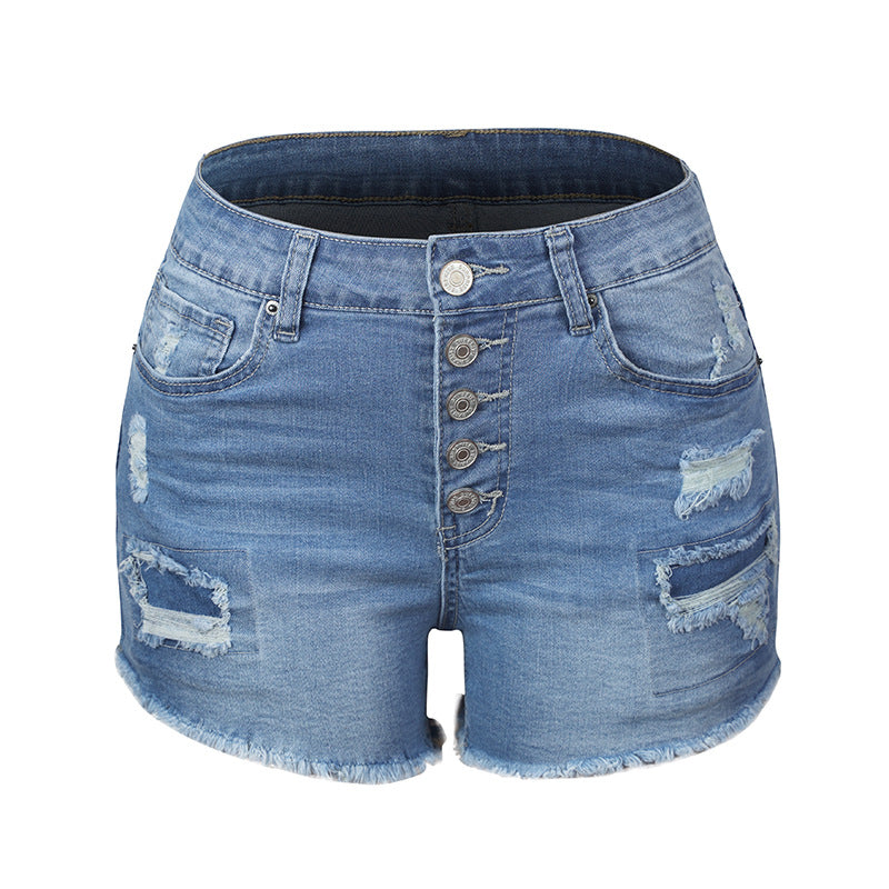 Amazon Explosive Hole Flow Patch Ladies High Stretch Denim Shorts