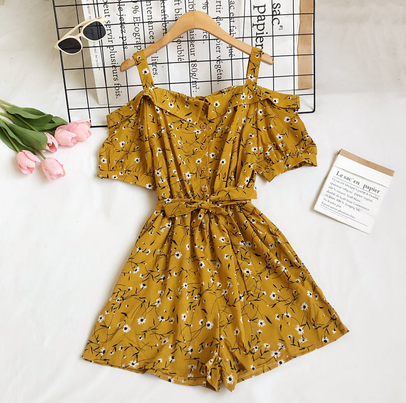 Sling Daisy Print Short Sleeve High Waist Wide Leg Jumpsuit