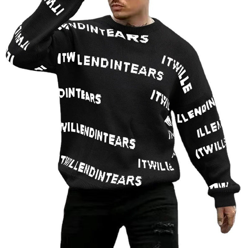 European And American Men's Letter Printing Casual Sweater Loose Round Neck