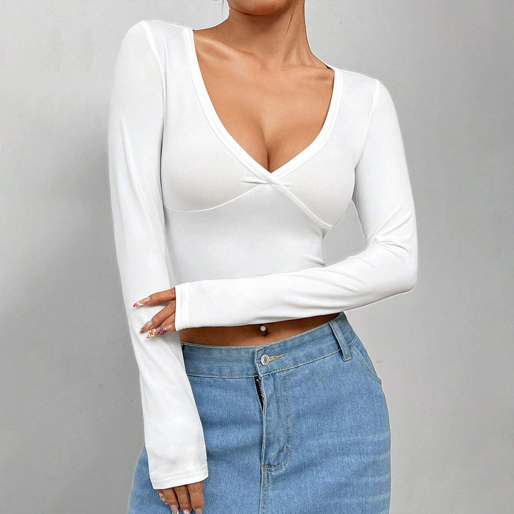 European And American Women's Sexy Style V-neck T-shirt Autumn And Winter Solid Color Design Crop Top Long Sleeve