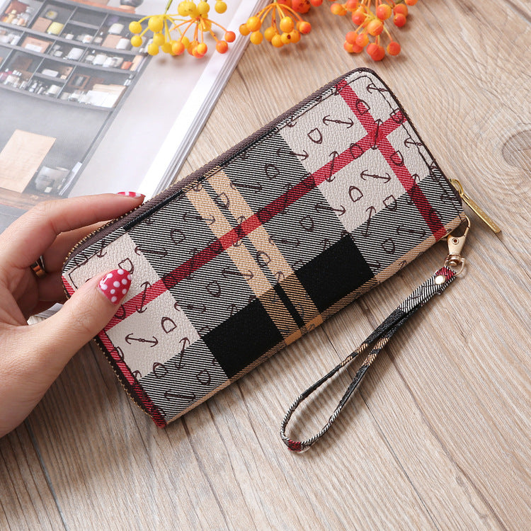 Plaid long single pull wallet mobile phone bag