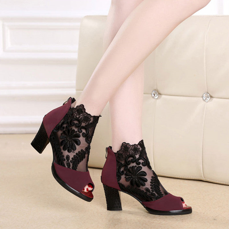 Thick and breathable lace high heels