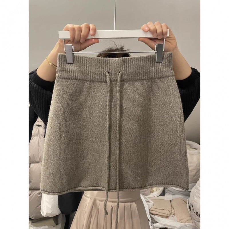Western Style Elastic Waistband Lace-up Knitted Skirt