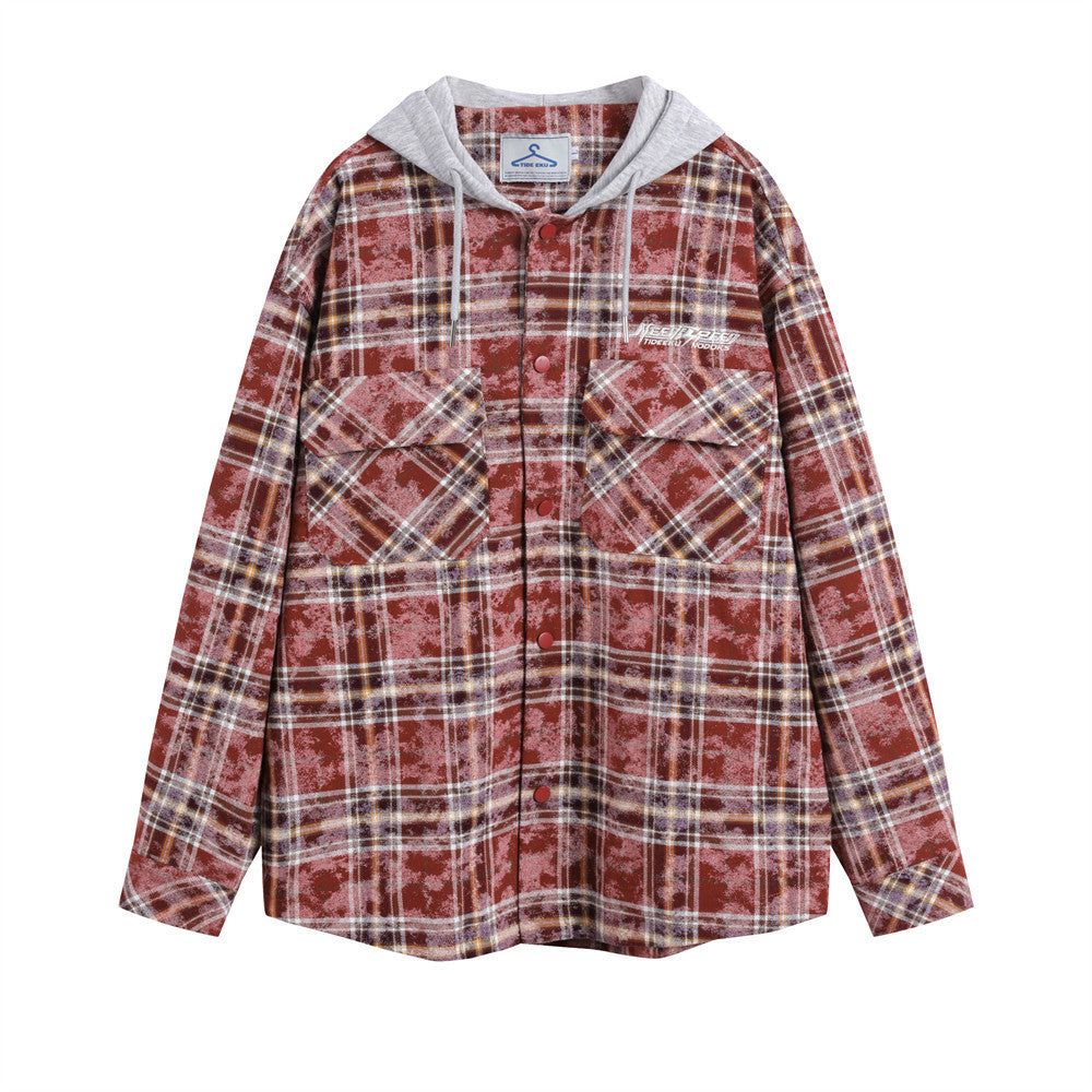 Spring And Autumn Plaid Colorblock Hooded Shirt Coat