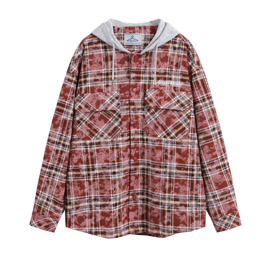 Spring And Autumn Plaid Colorblock Hooded Shirt Coat