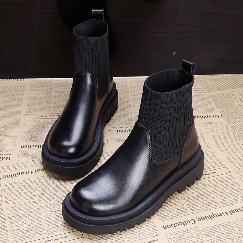 British Style Wild Lace-up Platform Stitching Short-knit Martin Boots