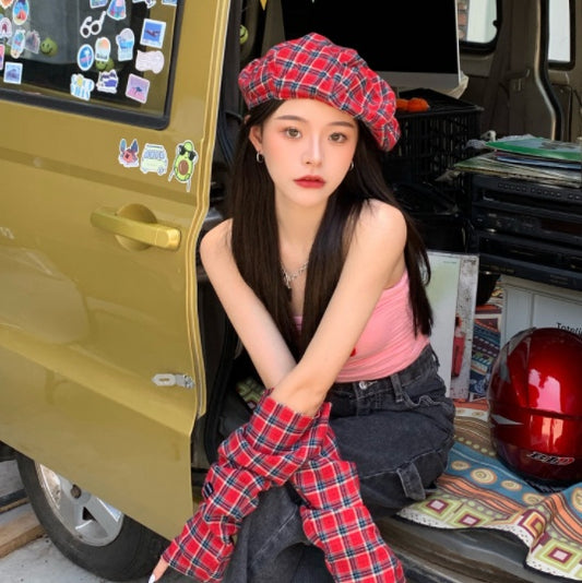 Korean Red Plaid Beret Cloud Hat