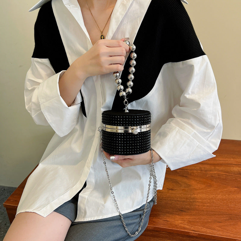 Fashion Rhinestone Personality Ins Chain Pearl Oblique Body Cylinder Bag Female