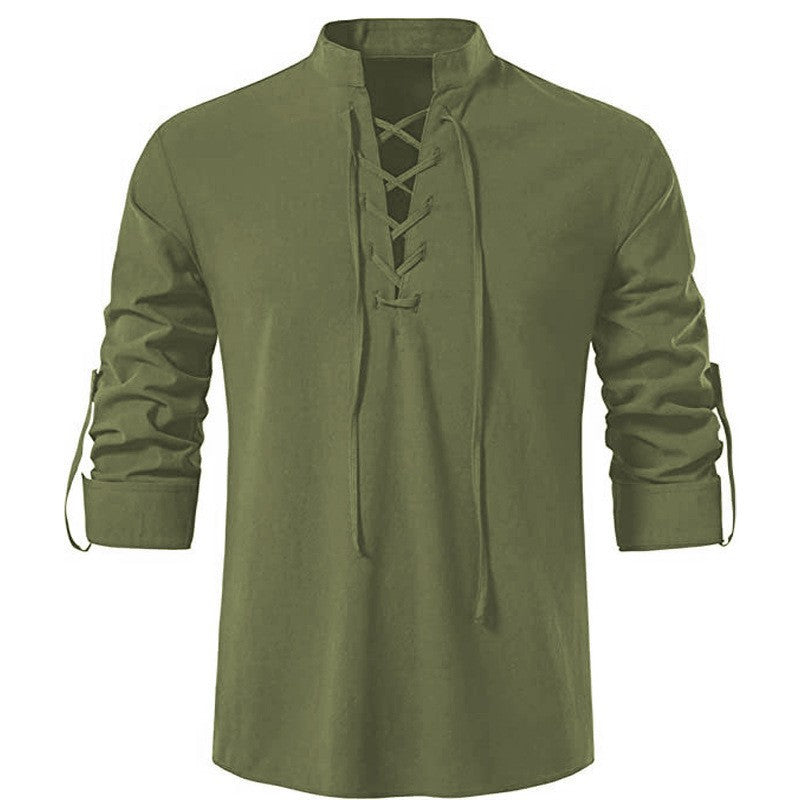 Stand Collar Long Sleeve Shirt Cotton And Linen