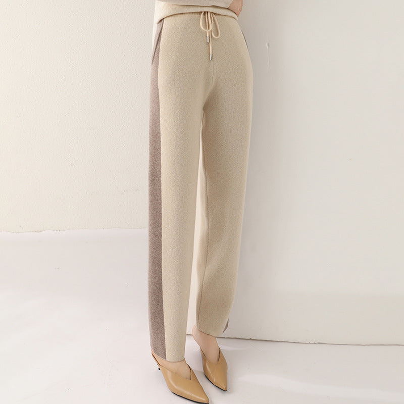 Color Contrast Patchwork Pure Wool Knit Casual Pants