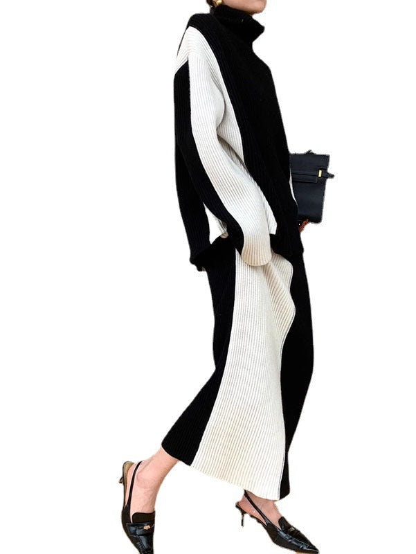 Color-block Design Sweater Skirt Set For Women