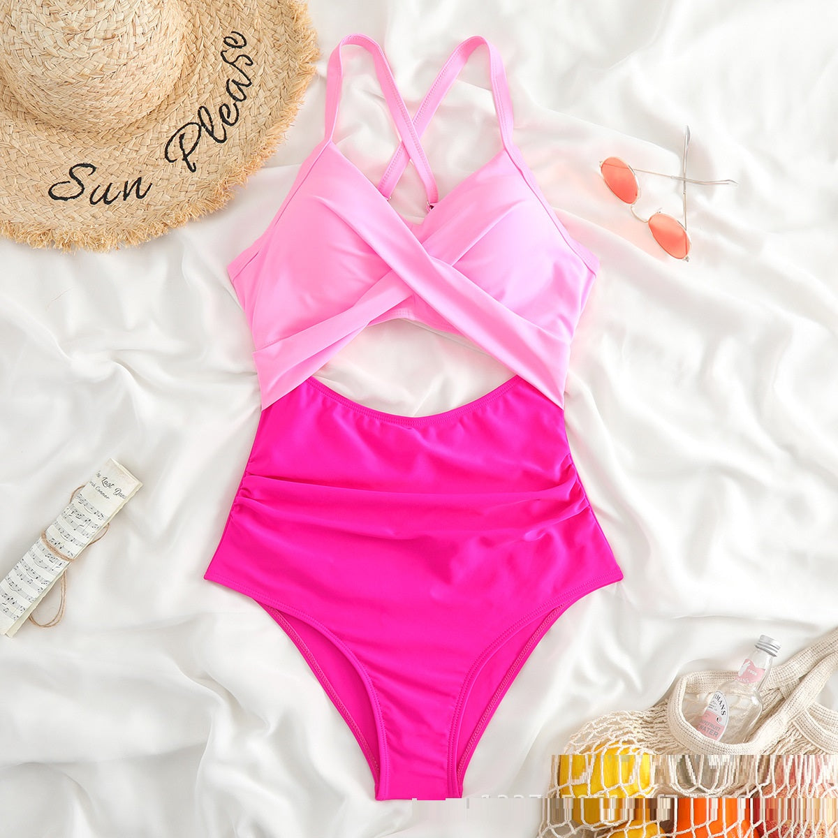 European And American New One Piece Swimsuit Color Matching Cross Strap