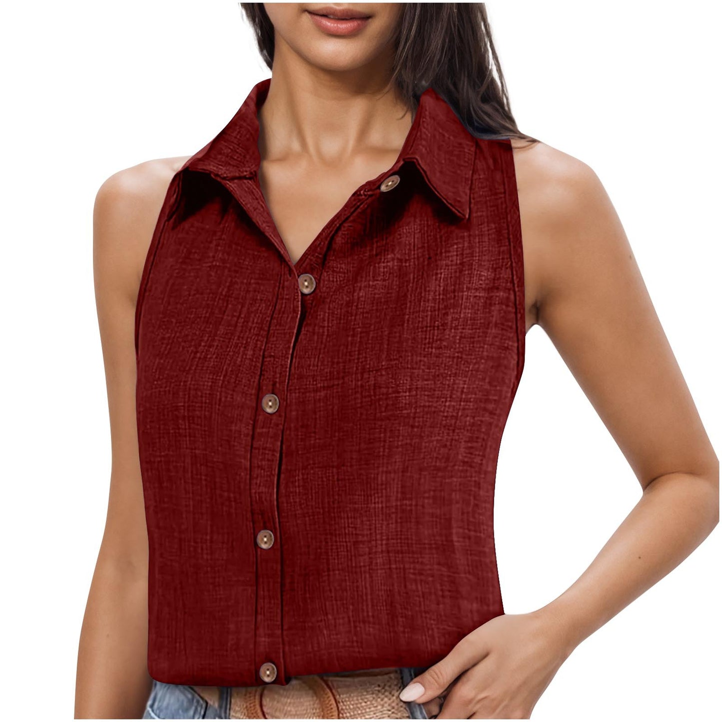 Lapel Cotton Linen Button Sleeveless Shirt Women's Clothing