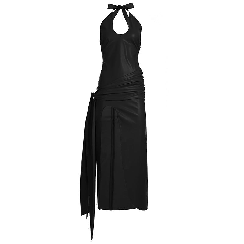 Womens Solid-Color Halter Dress With Side Slit And Straps