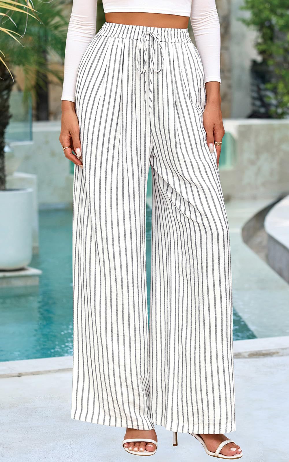 Striped Printed Drawstring Slant Pockets Wide Leg Pants