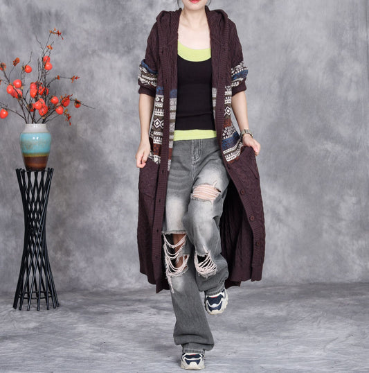 Retro Artistic Knitted Cardigan Woven Flower Long Hooded Overknee Sweater Coat