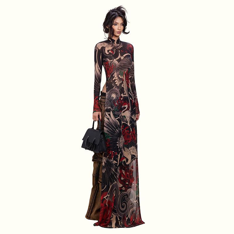 Stylish Half-high-neck Long-sleeve Top With A Bold Animal Print Featuring A High Slit For A Modern Edgy Look