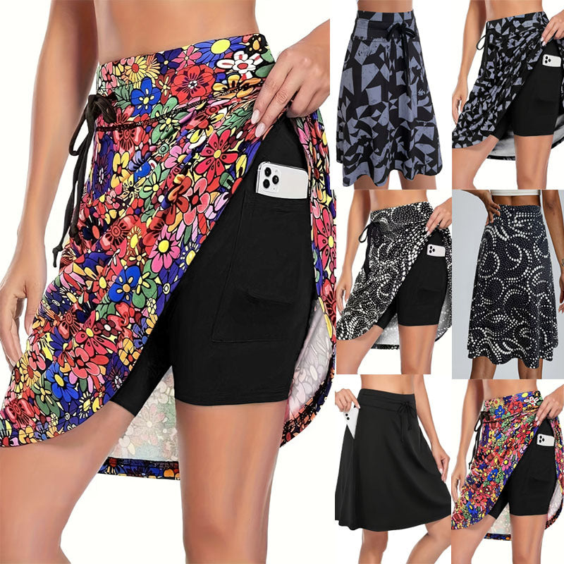 Printed Pocket Fake Two-piece Shorts Women's Clothing