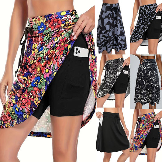 Printed Pocket Fake Two-piece Shorts Women's Clothing