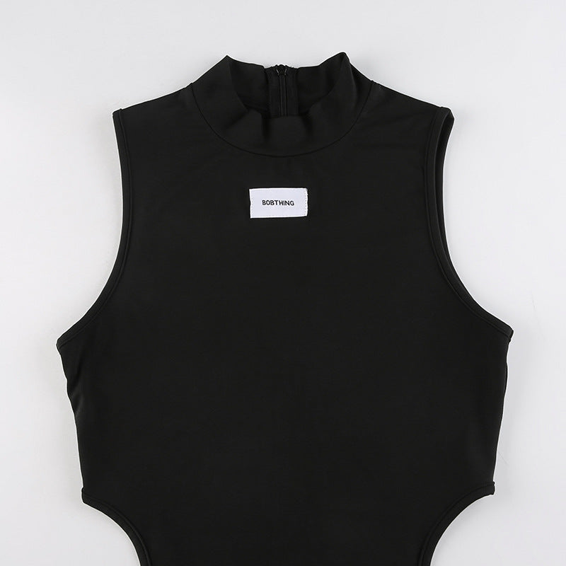 Half Turtleneck Small Label Waist Slim Fit Sleeveless Jumpsuit