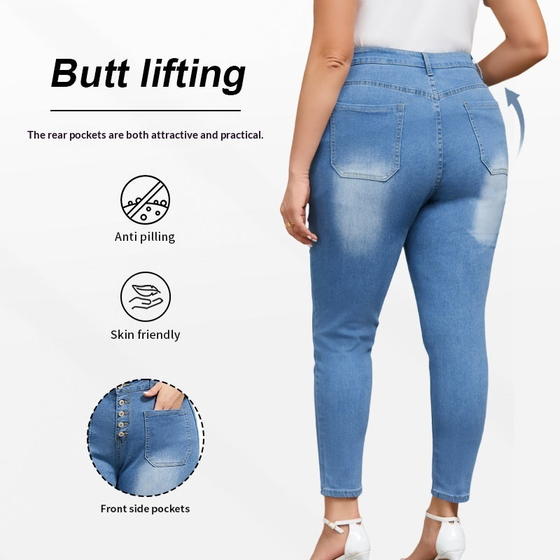 European And American Plus-Size Womens Tight Washed Denim Jeans