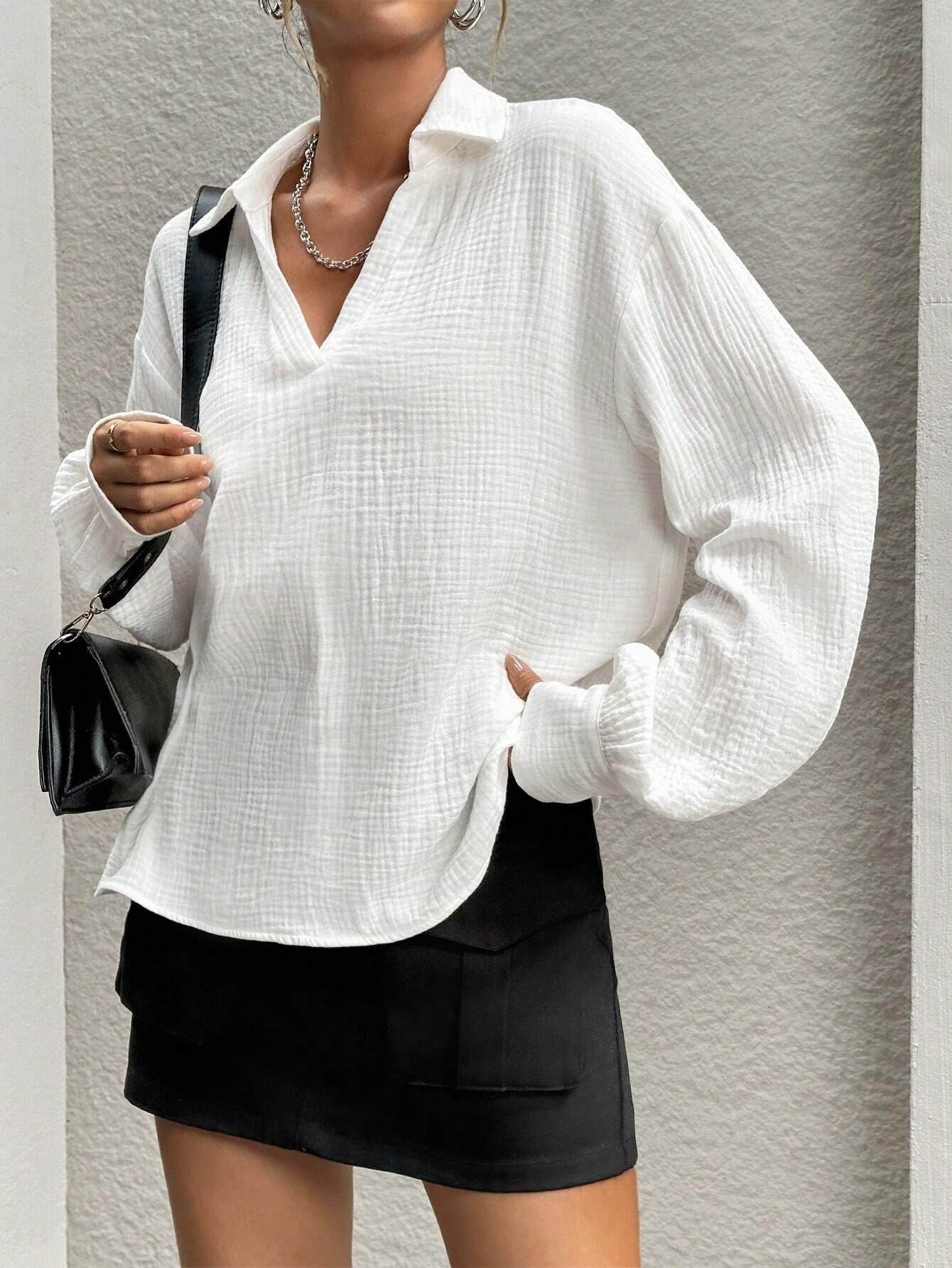 Women's Casual Collar Half Checkered Long Sleeved Shirt