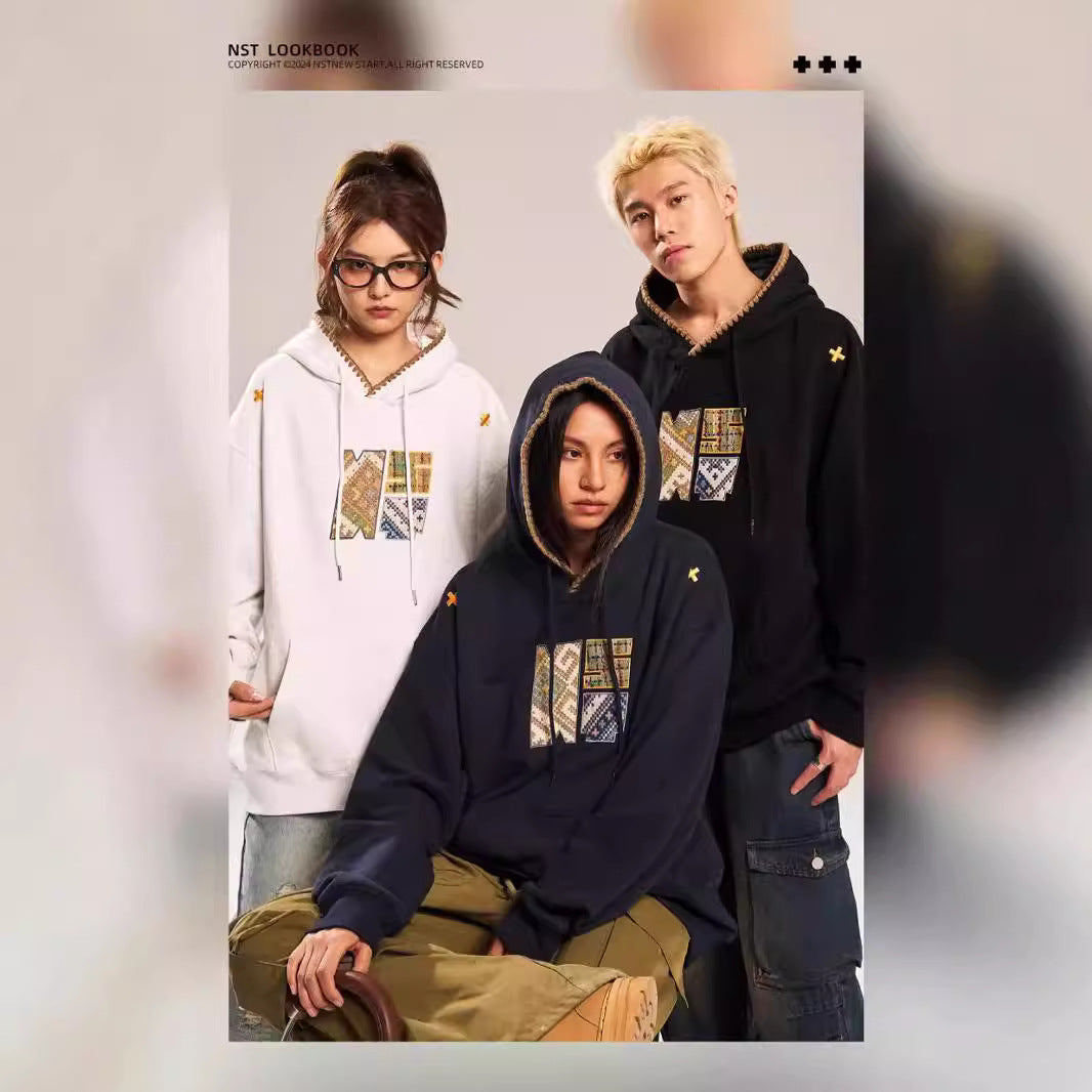 Retro Ethnic Style Woven Patch Versatile Loose Hooded Sweater