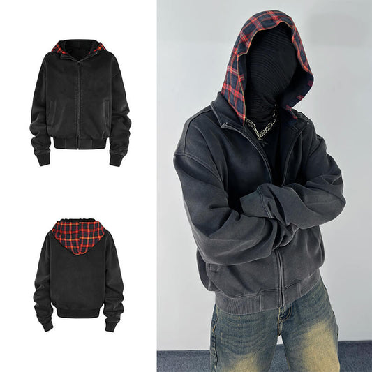 Plaid Patchwork Hoodie Men's Short Cleanfit Coat