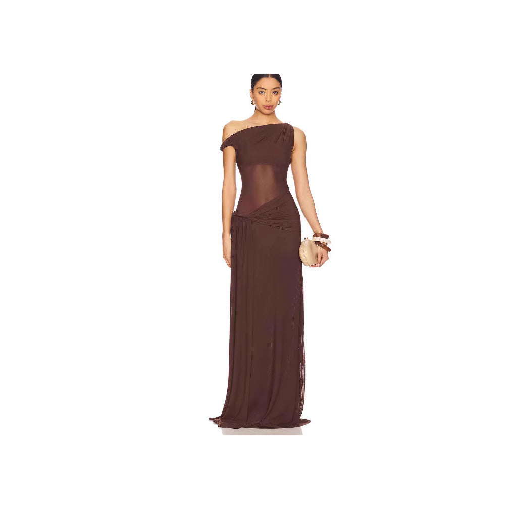 Womens Asymmetrical Dress With A Slanted Neckline Off-the-Shoulder Design And A Tied Waist