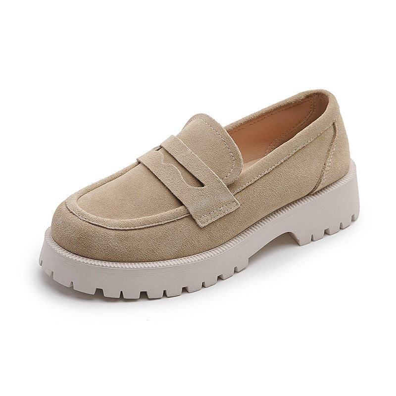 Loafers Comfort And Casual Matte Cowhide British Style Women's Shoes Chunky Heel Platform Slip-on Retro