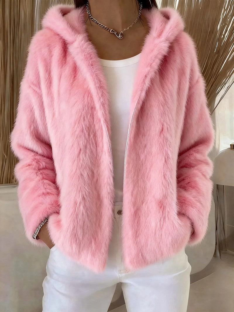 Fall Winter Hooded Solid Color Fashion Casual Zip Coat