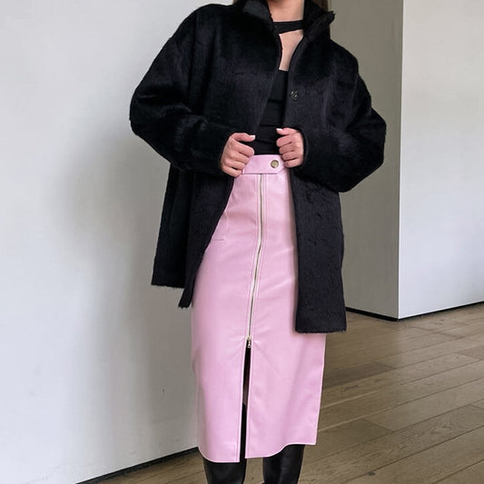 Autumn Winter Retro Matte Casual Leather Split Skirt