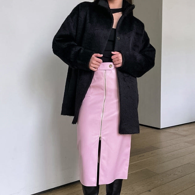 Autumn Winter Retro Matte Casual Leather Split Skirt