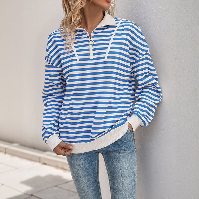 Efterår Stribet Langærmet Løs T-shirt Afslappet Polo Krave Lynlås Pullover Sweater Til Kvinder