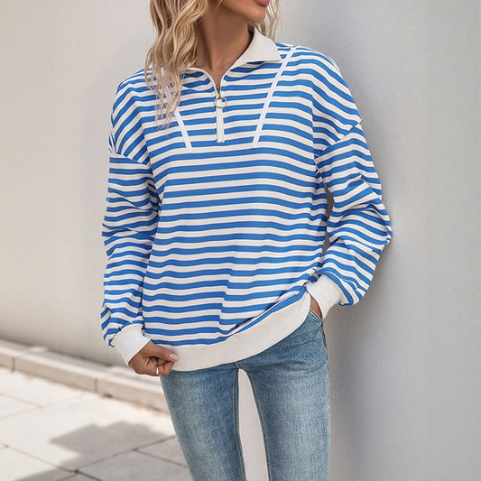Efterår Stribet Langærmet Løs T-shirt Afslappet Polo Krave Lynlås Pullover Sweater Til Kvinder