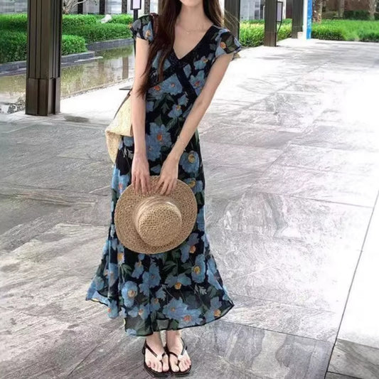 Resort Style V Neck Ruffled Sleeve Patchwork Maxi Dress