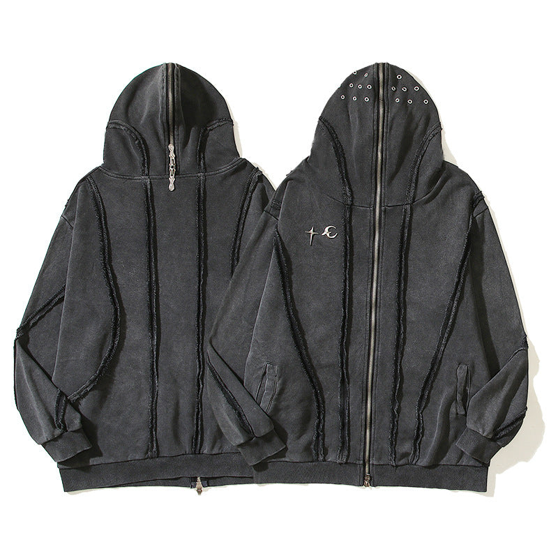 Men's Washed Batik Zipper Hooded Cardigan Sweater