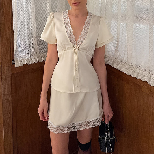 Women's Fashion Lace Waist-Cinching Short-Sleeve Set