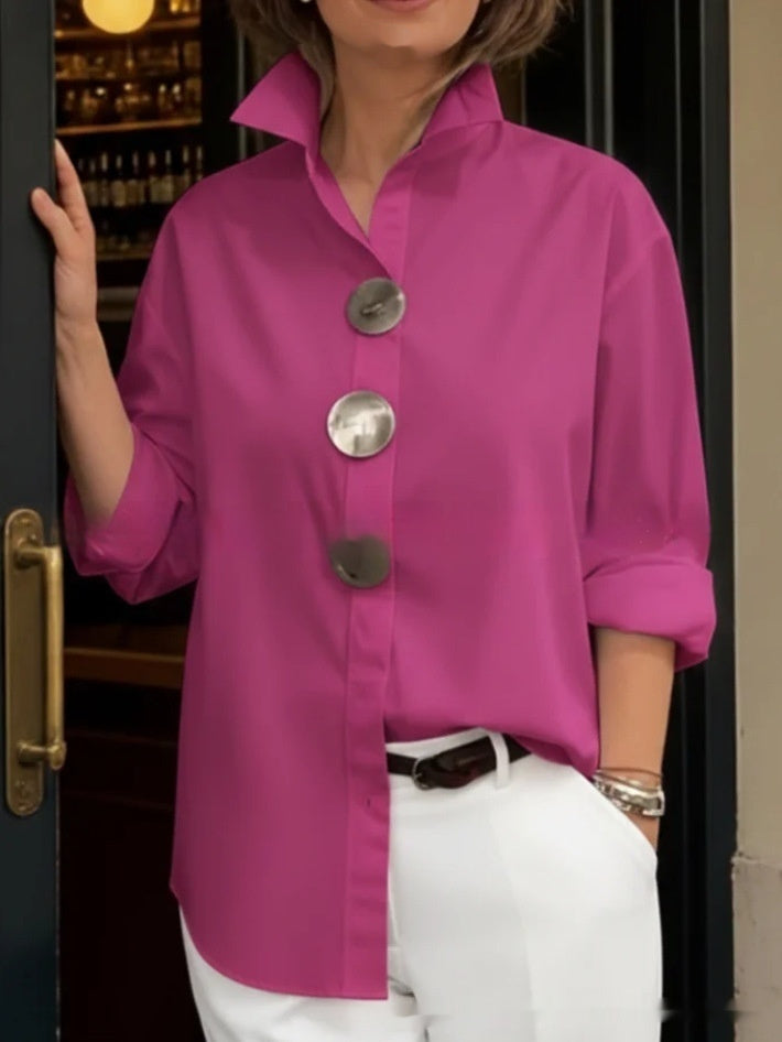 Womens Solid-Colored Stand-Up Collar Metal-Button Long-Sleeve Shirt