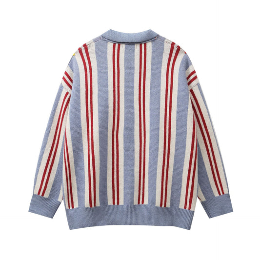 Retro Cat Loose Lapels Striped Sweater Pullover Sweater