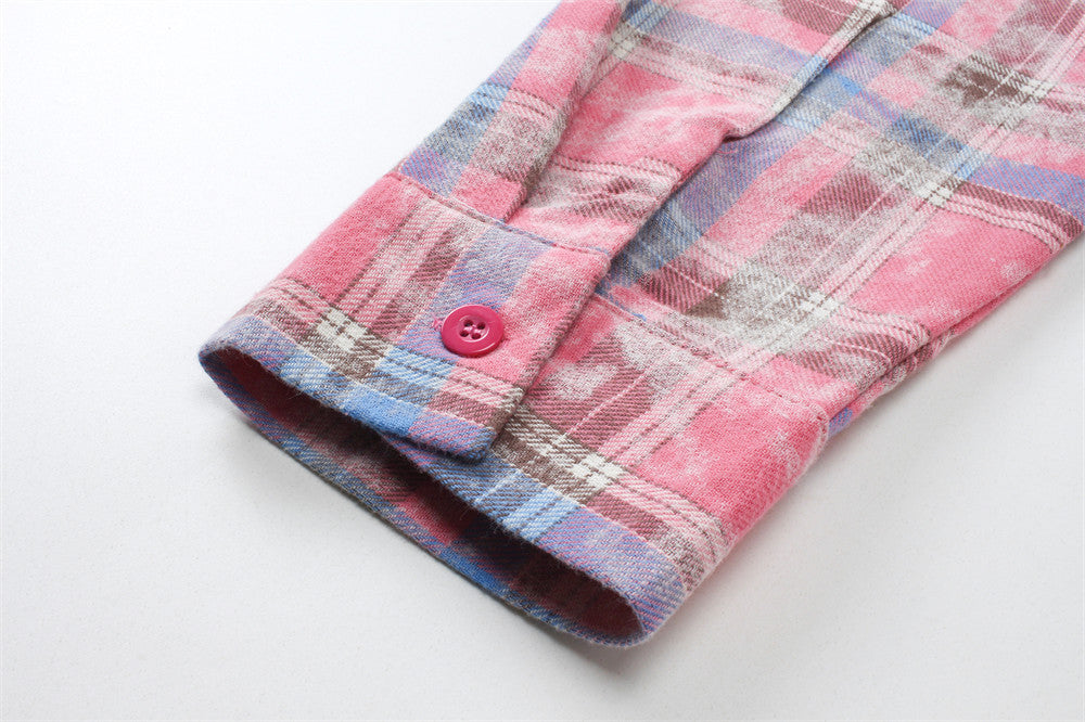 Contrast Color Check Long Sleeve Shirt Men's Spring And Autumn Loose
