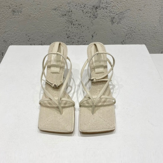 Square-toe High-heel Sandals In Woven Mesh And Leather