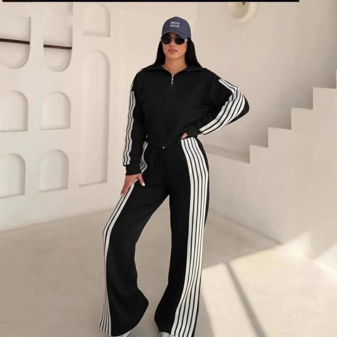 Womens Striped Coral-Fleece Patchwork Long-Sleeve Zip-Up Pants Set